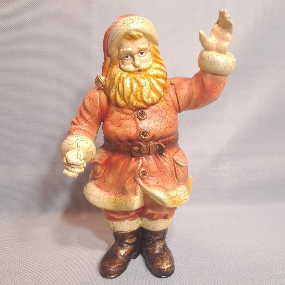 9.5" Crackle Finish Resin Molded Antiqued Waving Santa Claus Christmas Figurine